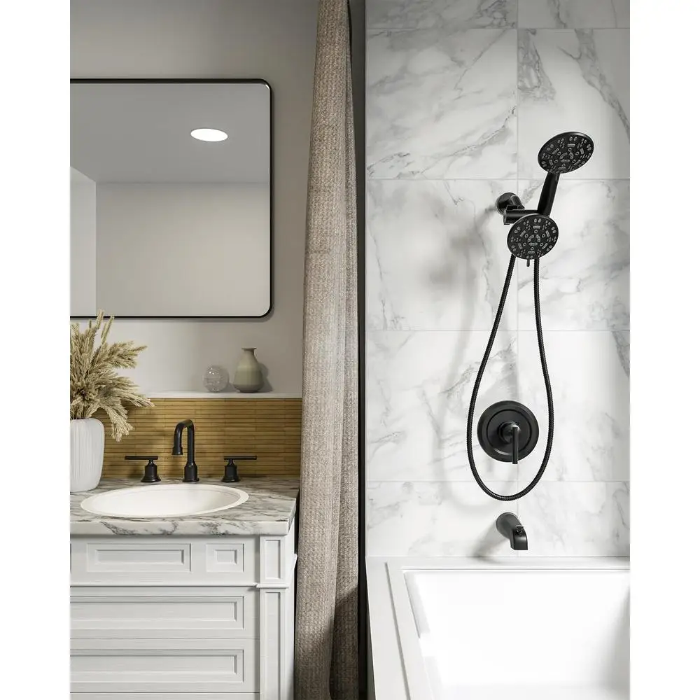 Black Shower Tub Faucet Set 7 Modes Handheld Shower Kit Dual System Luxury Rain Spa Massage Head Brass Valve 3-Way Diverter 3