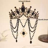 Baroque Vintage Black Crystal Rhinetone Tiaras And Crowns For Women Bride Tassel Princess Queen Diadems Wedding Hair Accessories 5