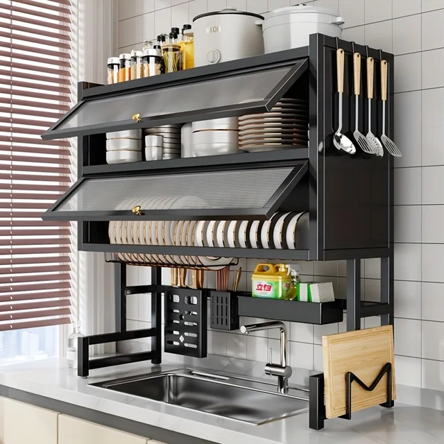 Sorty™ Over the Sink Dish Drying Rack with Cabinet – Dustproof Kitchen Storage Organizer