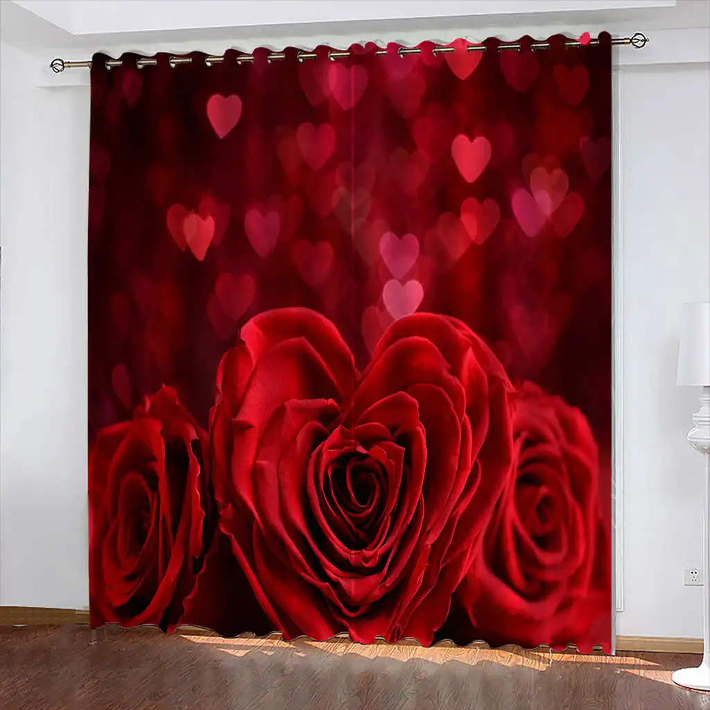 

Valentine's Day Decoration Rose Print Curtains Woven Blackout Curtains Biparting Open Curtains for Living Room Home Decoration