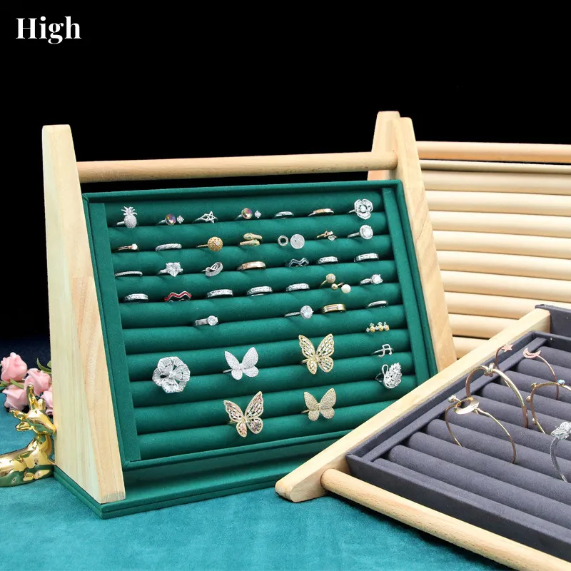 Wooden Rings Display Stand Tray 10 Slots Flannel Lining Vertical Storage Holder Rack for Studs Jewelry Organizer Rings Show new arrival green flannel wooden frame jewelry organizer jewellery storage box rings earrings holder necklaces stand wholesale