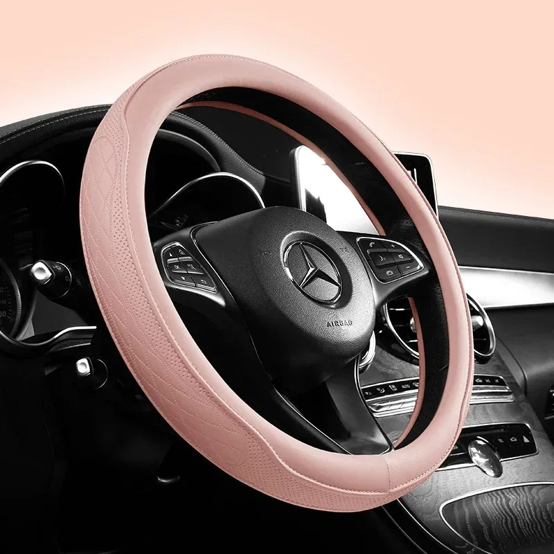 Universal 15-inch Napa Leather Patchwork Steering Wheel Cover-Perforated Breathable Design with Anti-Slip Grip,Easy Installation