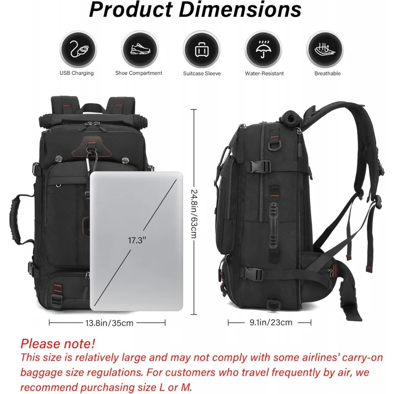 Men's travel backpack 50L large portable backpack, durable and convertible luggage bag with shoe compartment, - 3