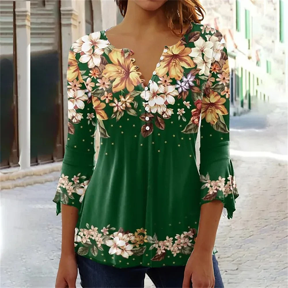 

Women T-shirt Floral Printed Fashion Versatile In All Seasons V-neck 3/4 Sleeves Patchwork Stretch Loose Shirt Clothes Casual