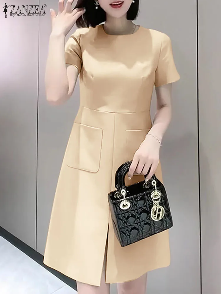 

Vintage Women Solid Dress ZANZEA Elegant Pocket Short Sleeve Robe Korean Loose Chic Split Hem Vestidos Baggy A-line Zipper Dress