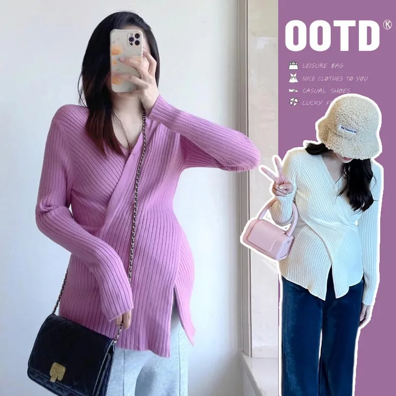 Maternity Sweater Autumn Winter Knitted Sweaters Loose A Line Splits Shirt Clothes for Pregnant Women Postpartum Pregnancy Tops