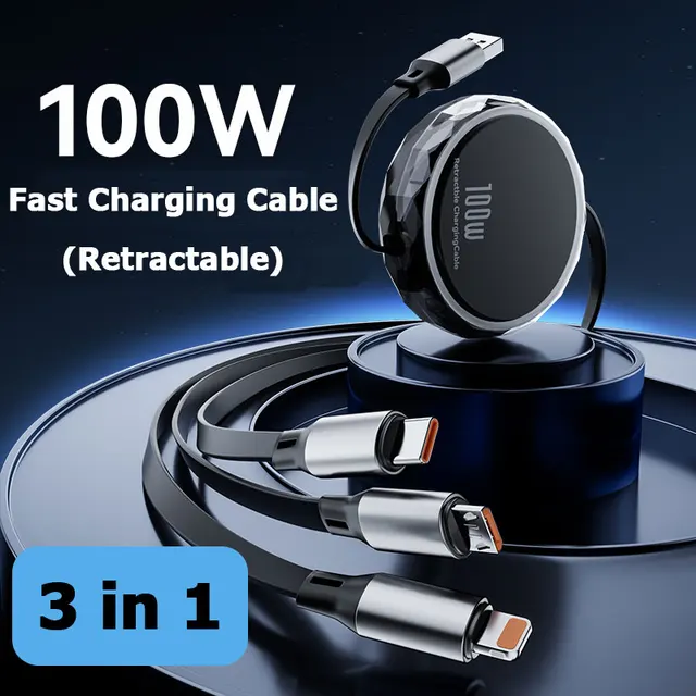 3 In 1 100W 6A USB-A to Type C Micro Lightning Fast Charging Data Cable For iPhone Samsung Huawei Android Phone USB Charger Wire 1