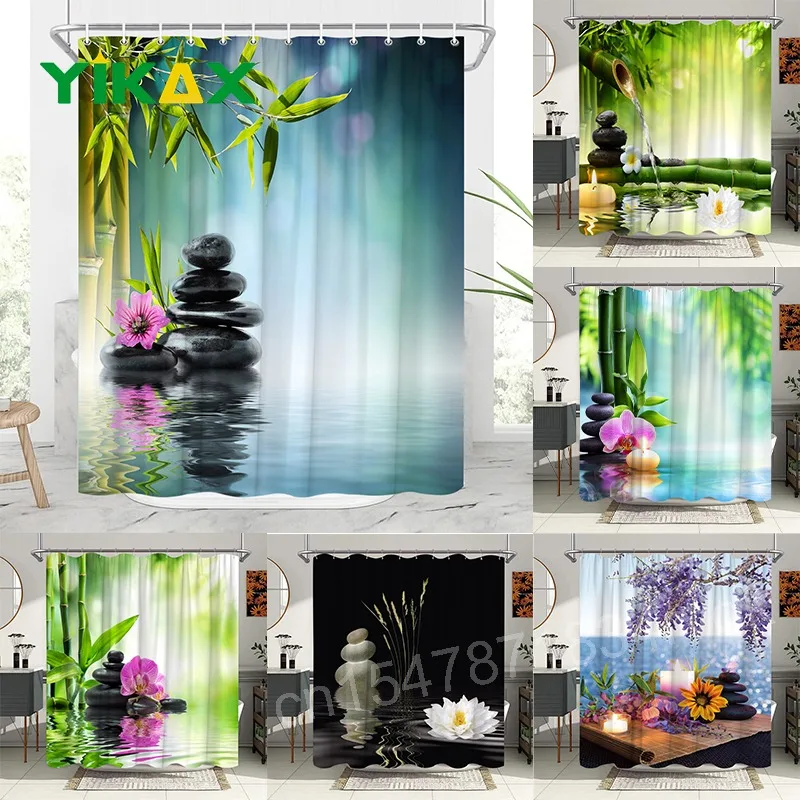 

Green Bamboo Zen Stone Shower Curtains Lotus Flowing Water Zen Landscape Shower Curtain Home Bathroom Decoration Set With Hooks