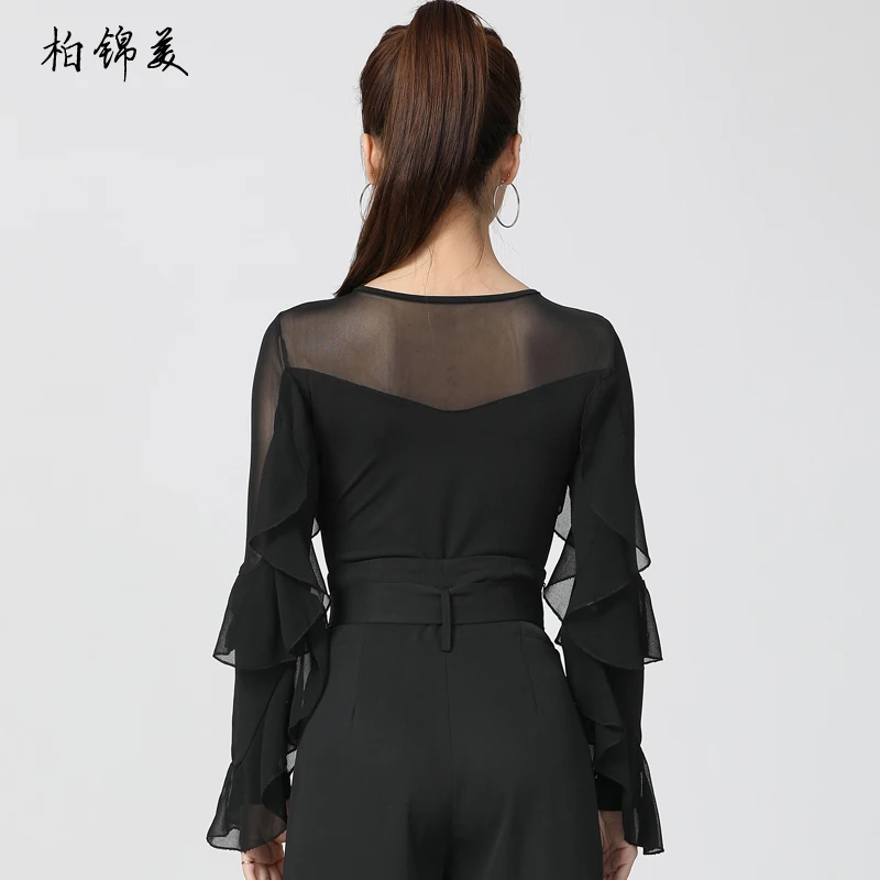 Dance Shirts Women Modern Latin Dance Ruffled Long Sleeve Body National Standard Performance Friendship Practice