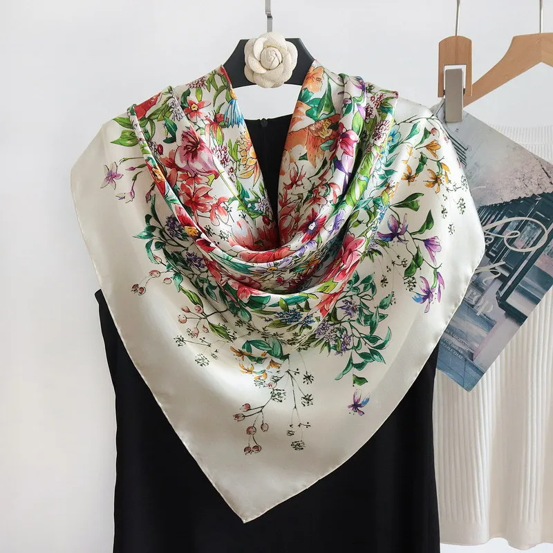 Flower Silk Scarf Hand Rolled Scarfs Silk Mulberry Foulard Femme