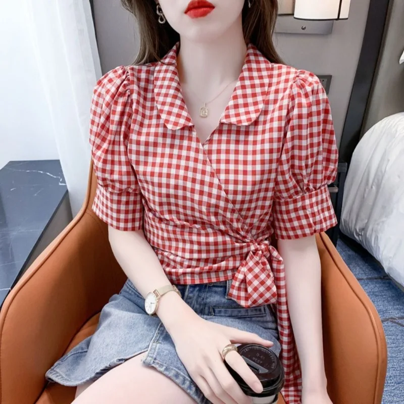2024 Summer New Women's Fashionable Chic Polo Neck Belted Drawstring Bubble Sleeve Short Plaid Ruched Short Sleeve Shirts Tops