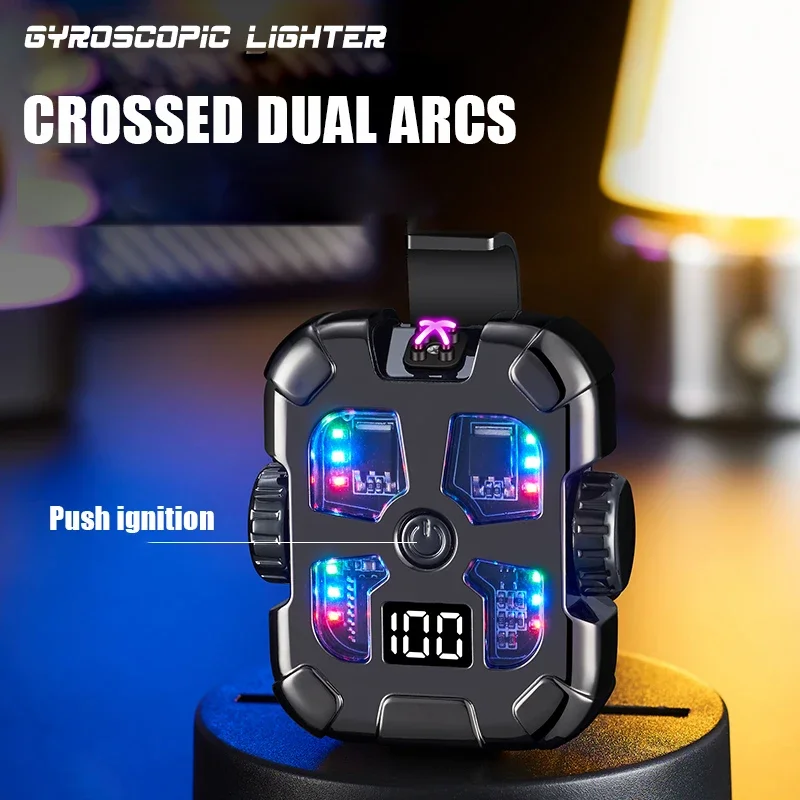 

New Black Technology Mecha Wind Double Arc Charging Windproof Lighter Decompression Gyroscope Creative Illumination Light