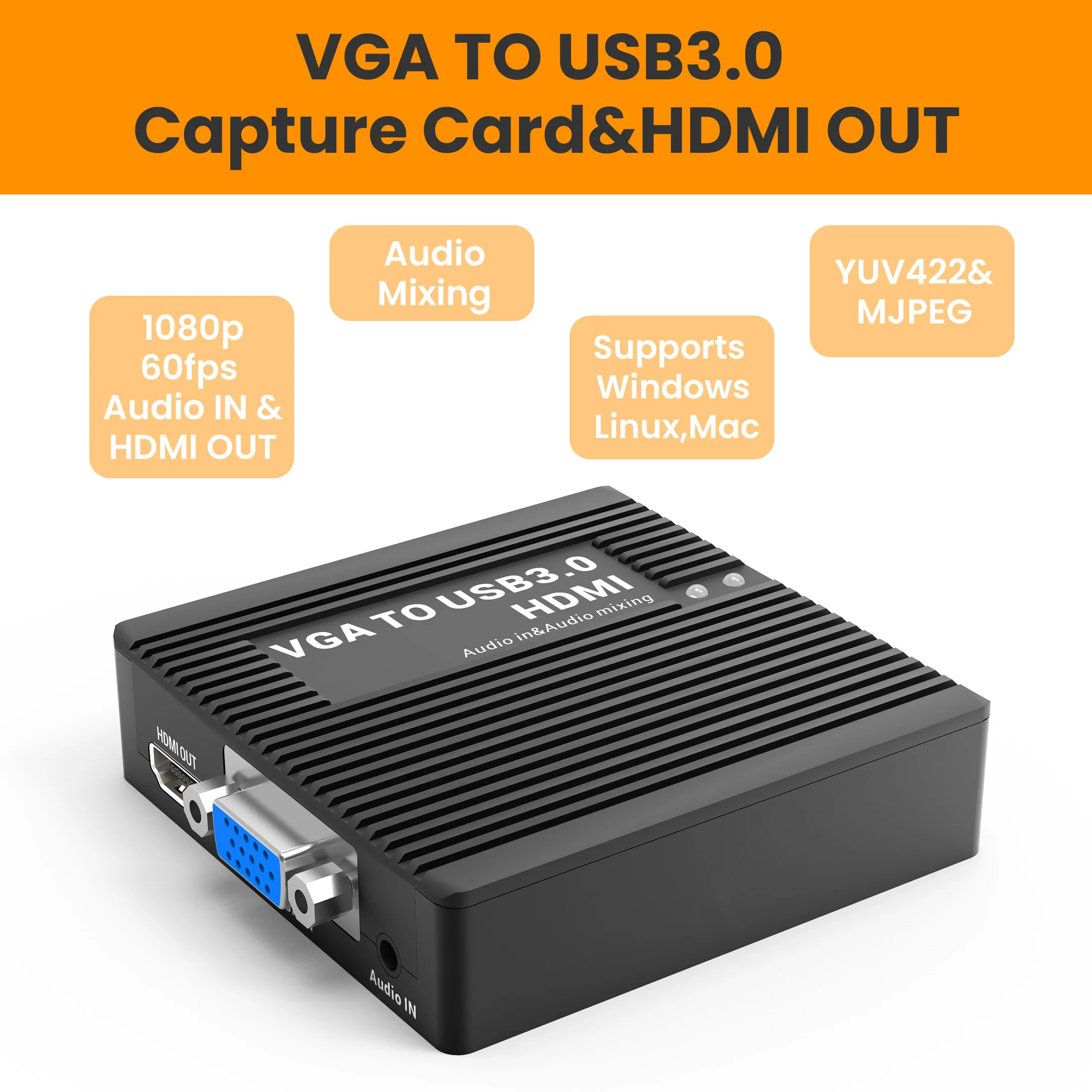 lcc385-vga-to-usb30-capture-card1080p60fpsvga-to-hdmi-converteraudio-in-audio-mixingvga2uvcvga-to-uvc