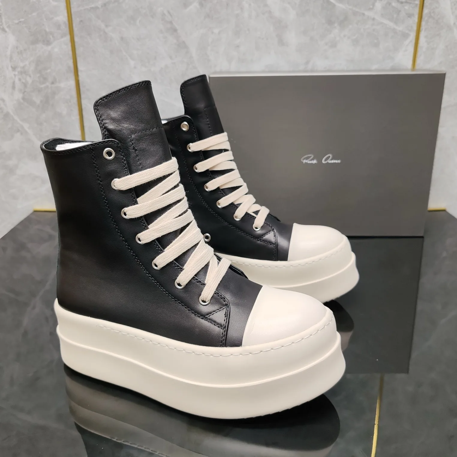 Ricks shoes niche shoes black zipper high-top Joker casual increase leather thick soleplate shoes