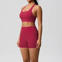 2 pièces vêtements de sport avec poche Yoga ensemble vêtements de sport costumes de Yoga pour femmes survêtements Shorts de sport soutien-gorge croisé Leggings de gymnastique 5