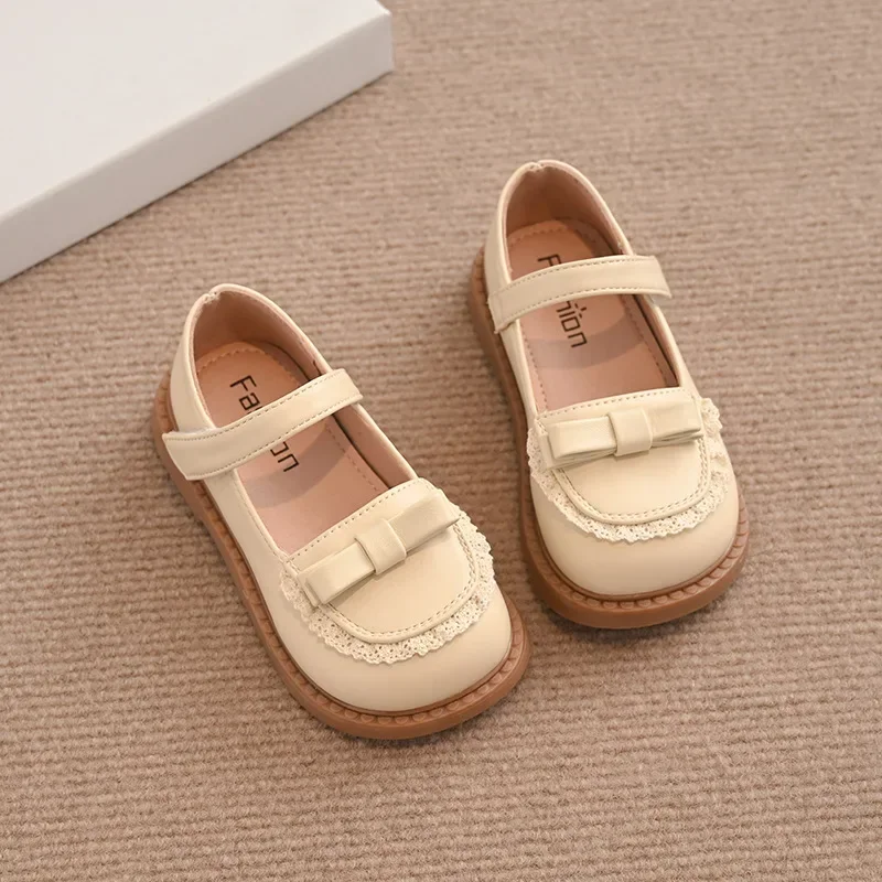 Girls Princess Shoes Soild Color Kids Leather Shoes Sweet Lace New Fashion Children Flat Soft Sole Round Toes Cute