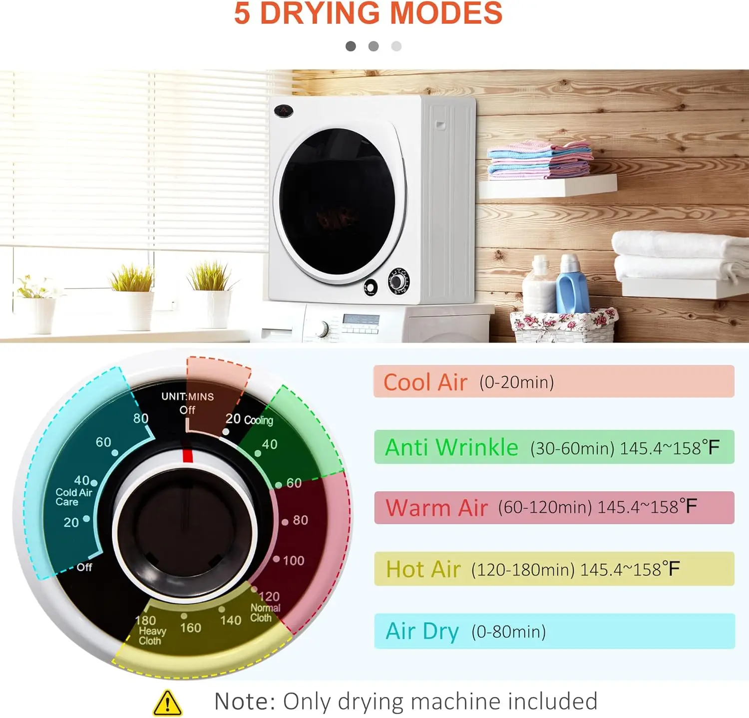 Automatic Dryer Machine 1350W 3.22 Cu. Ft. Portable Clothes Dryer 5 Drying Modes Stainless Steel Tub for Apartment