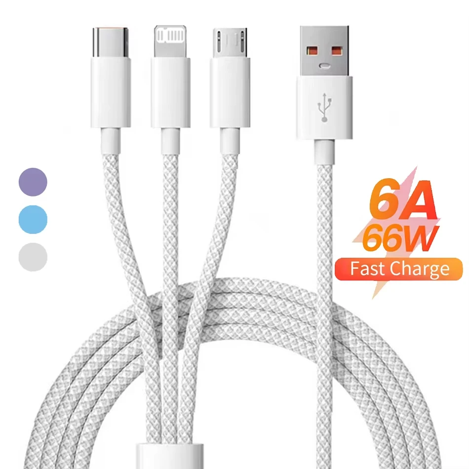 Universal 3-in-1 100W Fast Charging USB Cable with Micro USB & Type-C Connectors