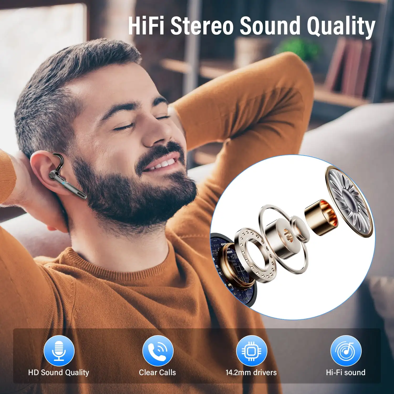 سماعة بلوتوث أذن واحدة مع ميكروفون ENC مع صوت ستير...