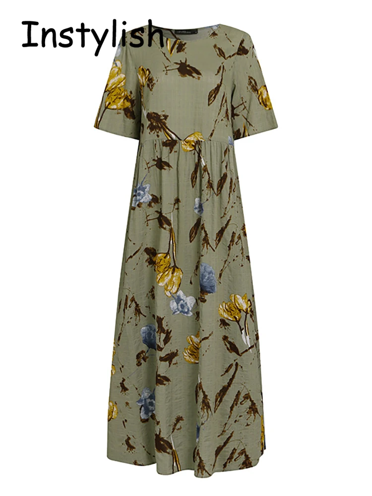 Vintage Boho Floral Print Maxi Dress Short Sleeve O Neck Cotton and Linen Loose Oversize Long Dress Summer Party Sundress Robe
