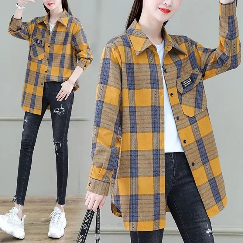 

Spring and Autumn Loose Cotton Plaid Shirt Women Casual Outerwear Tops and Blouses Ladies Long Sleeve One Pocket Blouse Blusas