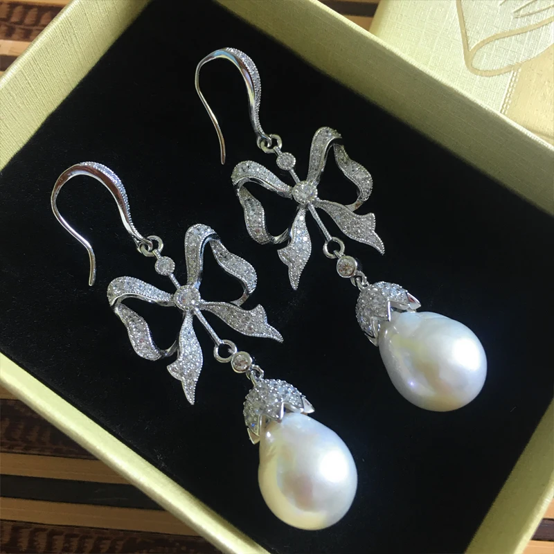 

Natural Fresh Water Baroque Pearl Earring Bowknot Style 925Sterling Silver With Cubic Zirconia Cute Romantic Elegant Female Gift
