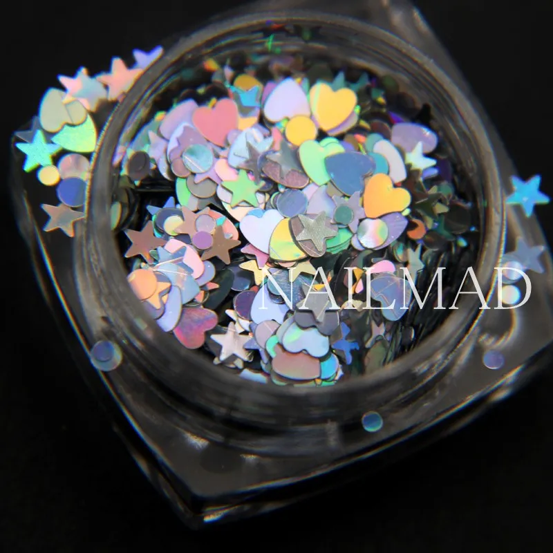 Nail Decorations 3ml Box Holo Nail Glitter Mixes Heart Round Star Nail Sequins Holographic Glitter Art Decorations