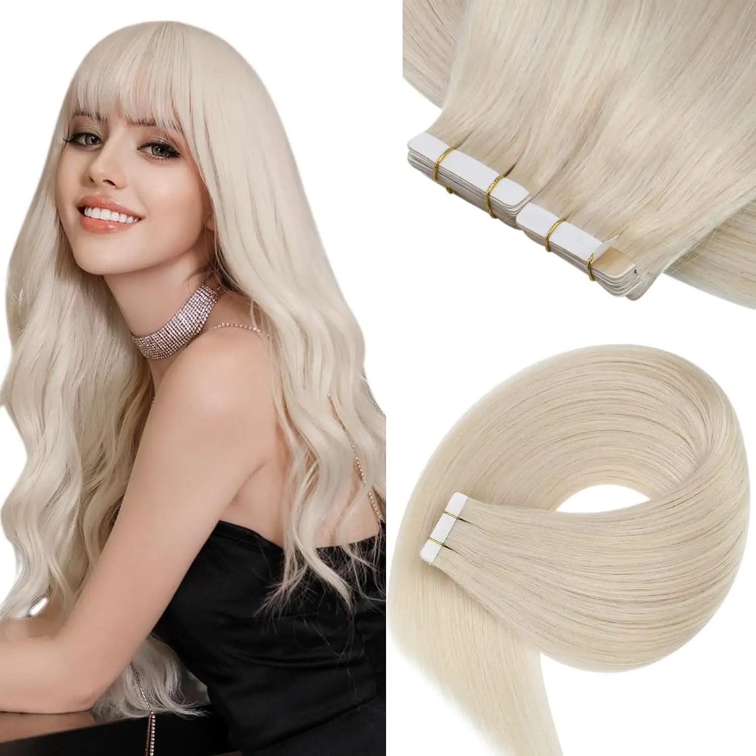 

Tape in Hair Extensions Human Hair Platinum #60 Blonde Tape in Extensions Real Hair Seamless Human Hair Silky Straight for Women