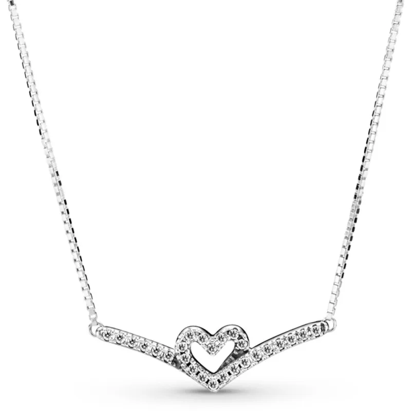 

Original Wish Sparkling Wishbone Heart Necklace For Women 925 Sterling Silver Bead Charm Necklace Fashion Jewelry