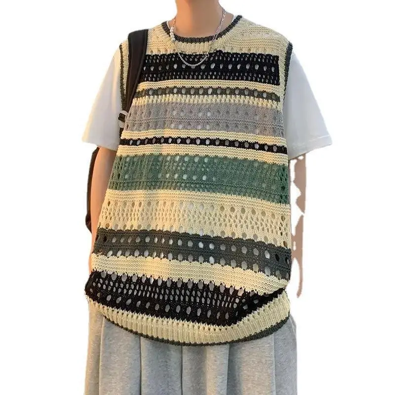 Summer Contrast Stripe Vintage Vest Knit Shirt for Men and Women Couples Fashion Lazy Sweater Folding Sweater Tank Top 2023