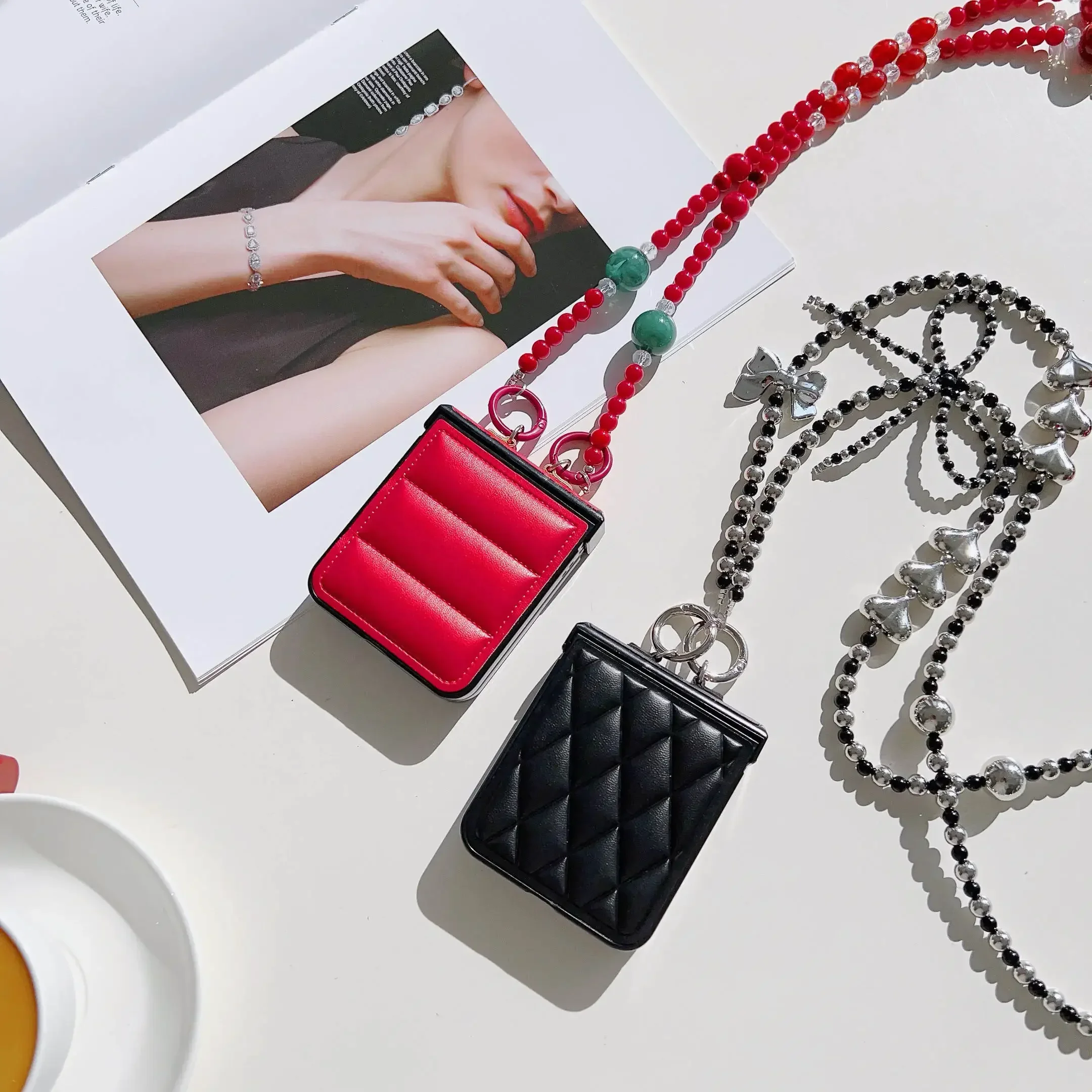 Vibrant Beaded PU Leather Crossbody Lanyard Phone Case with Hinge Protection and Shockproof Design