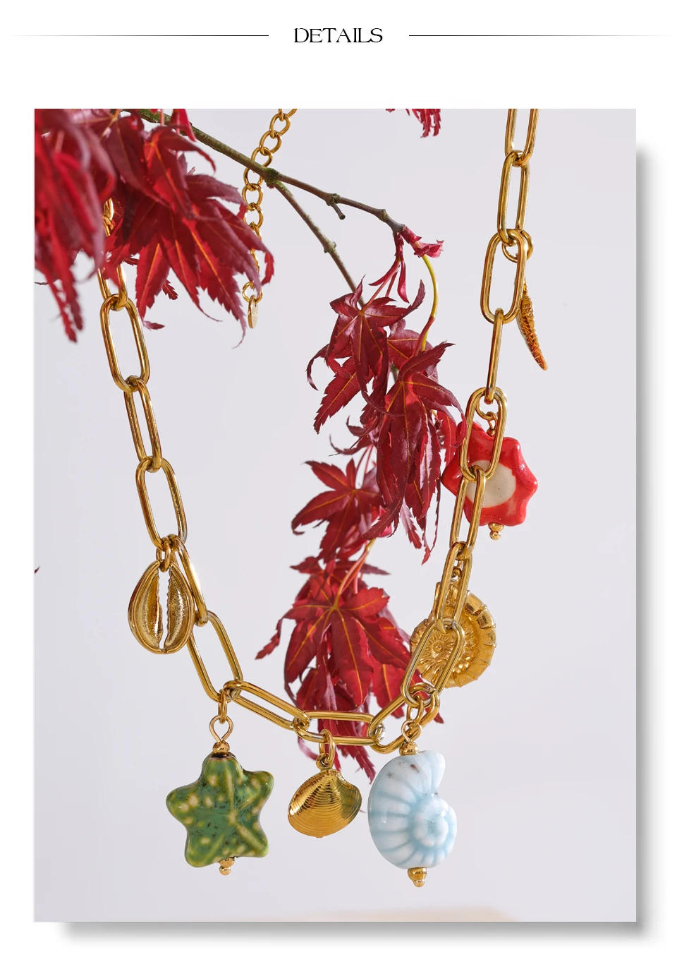 Yhpup Ozean-Stil, exquisite Keramik-Muschel, Seestern, Schildkröte, Tropfen, goldene Halskette für Damen, Edelstahl, trendiger Schmuck – Detail 12