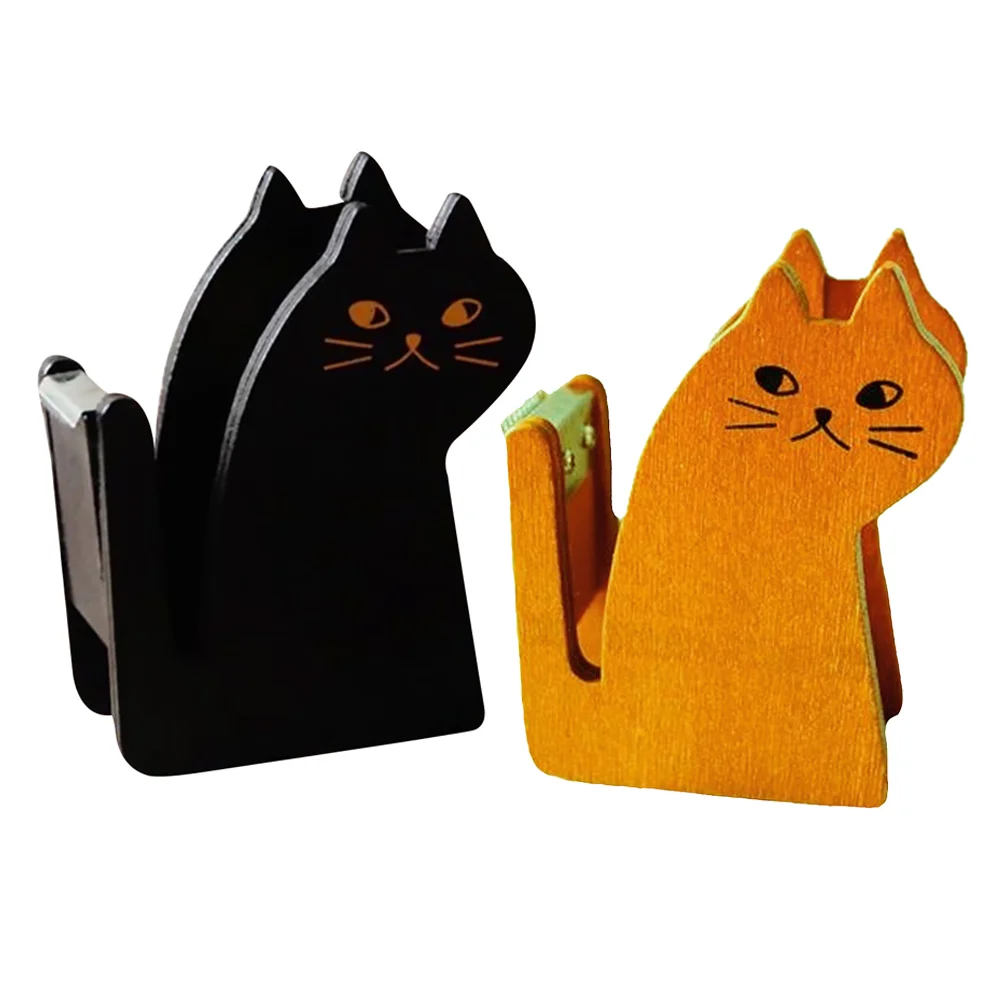 

2 Pcs Cat Tape Holder Wooden Dispenser Cutting Machine Adorable Tabletop