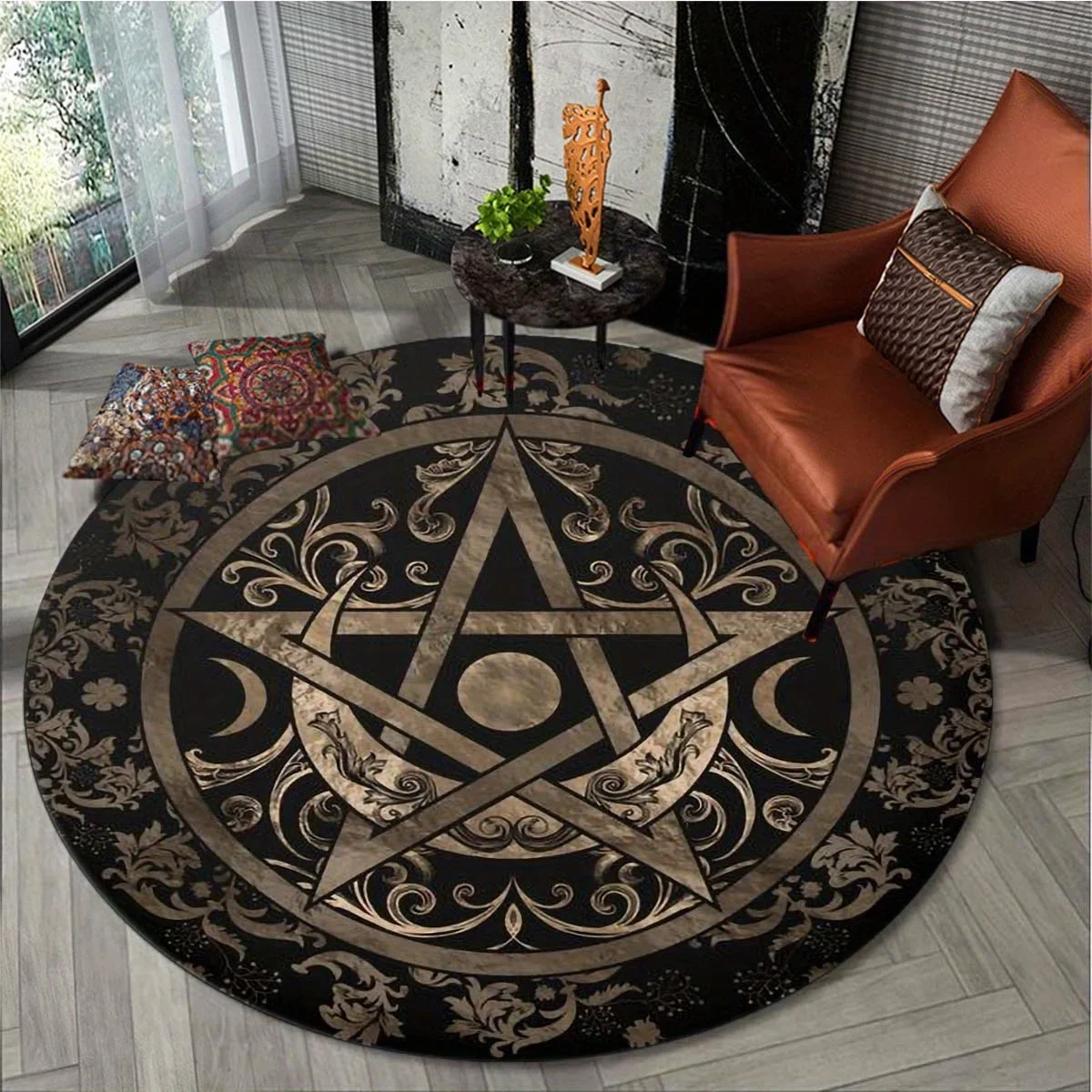 Pentagram Moon Cosmic Themed Round Rug Living Room Dining Room Bedroom Chair Mat Kids Laundry Balcony Non-slip Carpet Home Decor 3