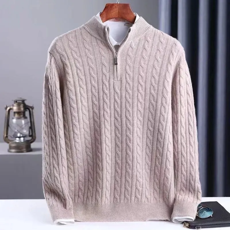 Autumn Winter Men's Cashmere Sweater Classic Comfortable Fit Twisted Cashmere Knitted Half Zip Stand Collar 2