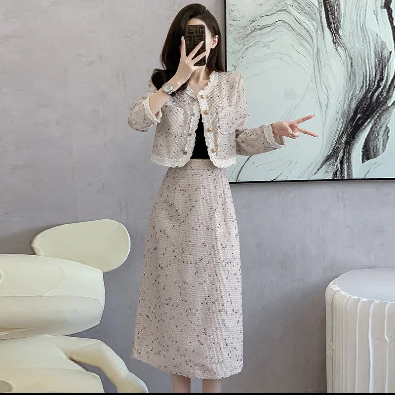 

Женский костюм из двух предметов UNXX, Осенний плотный твидовый костюм с блестками и винтажная юбка-полуюбка с круглым вырезом