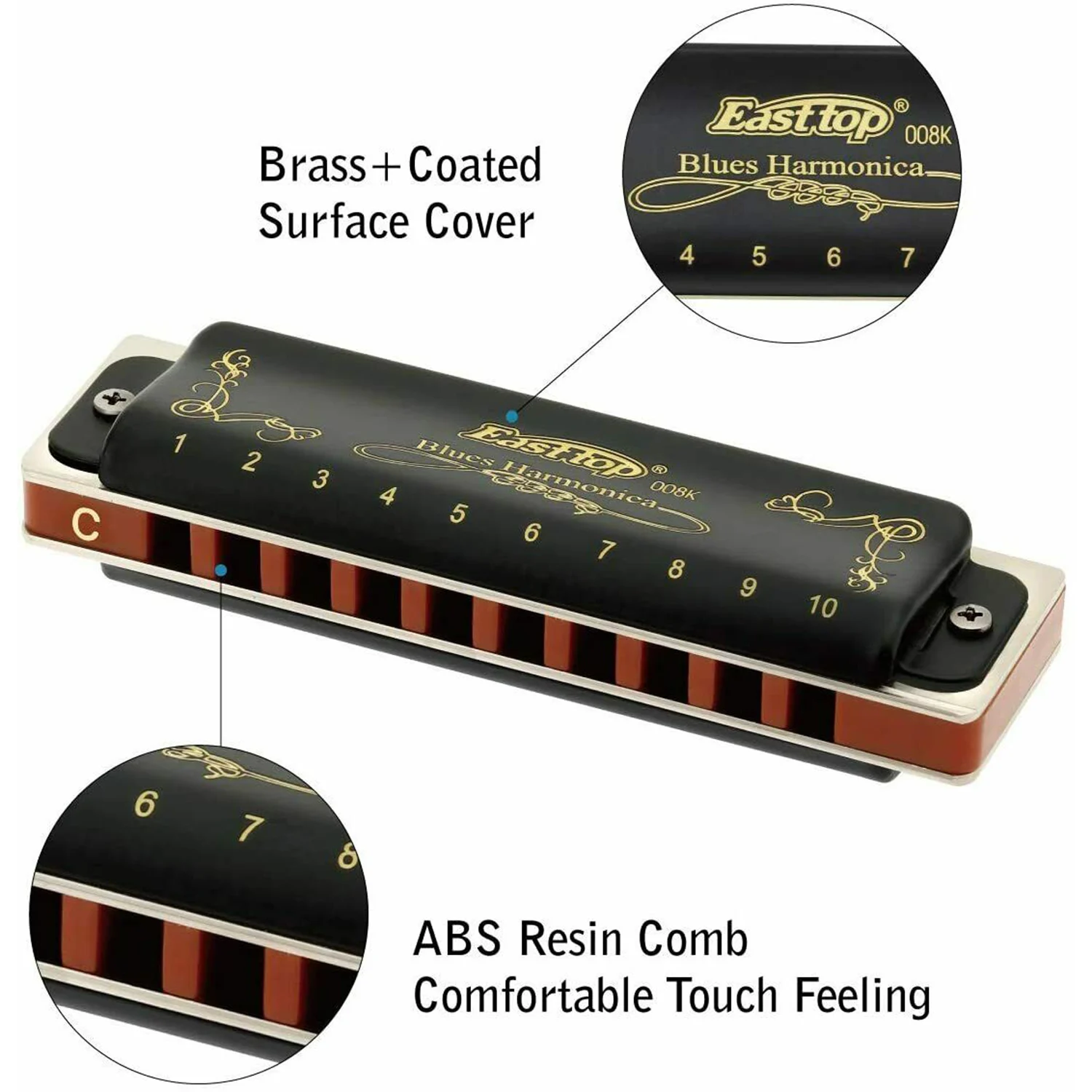 EASTTOP Harmonica Blues Polyphonic 10 22 24 Holes Key of C G 10 Harmonica Key C/G Kids Xmas Gift