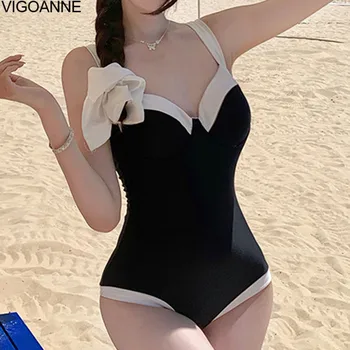 VigoAnne Solid Push UP Swimwear Women 2025 Strapped Patchwork One Piece Swimsuit Korean Lady Monokini Sexy Beach Bathing Suit