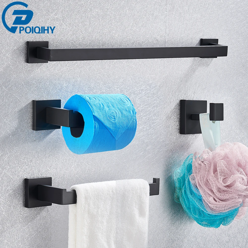 Bathroom Hardware Set Black Robe Hook Towel Rail Bar Shelf Tissue Paper Holder Wall Mounted Bathroom Accessories