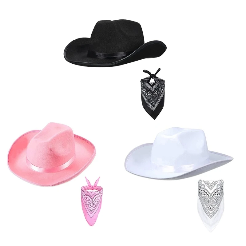 

Western Cowgirl Hat Set for Adult Cowboy Hat and Fashion Bandana Scarf Fit Most Women Men Teens for Theme Party