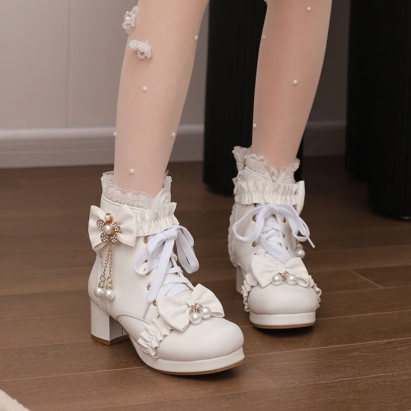 

Size 28-43 Winter Girls High Heels Ankle Boots Bow Lace Cosplay Princess Lolita Shoes Women Black White Pink Zip Lolita Booties