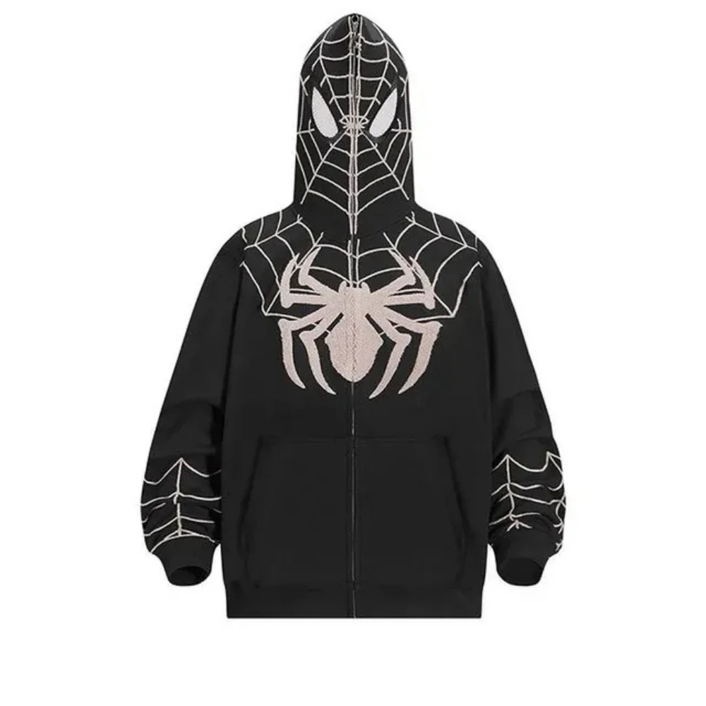 Y2K Gothic Men's Hip Hop Hoodie Harajuku Spider Web 3D Printed Full Zip Sweatshirt Large Punk Pocket Loose Jacket Coat Street W