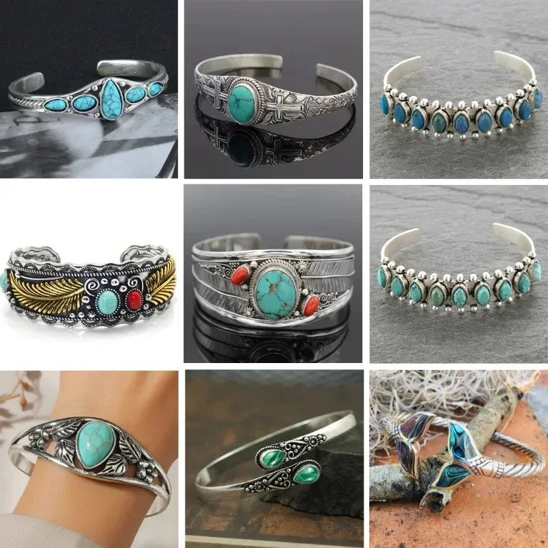 Bangle Bracelet Vintage Turquoises Jewelry Imitation Natural Stone Open Adjustable Cuff For Women Men Party Jewelry