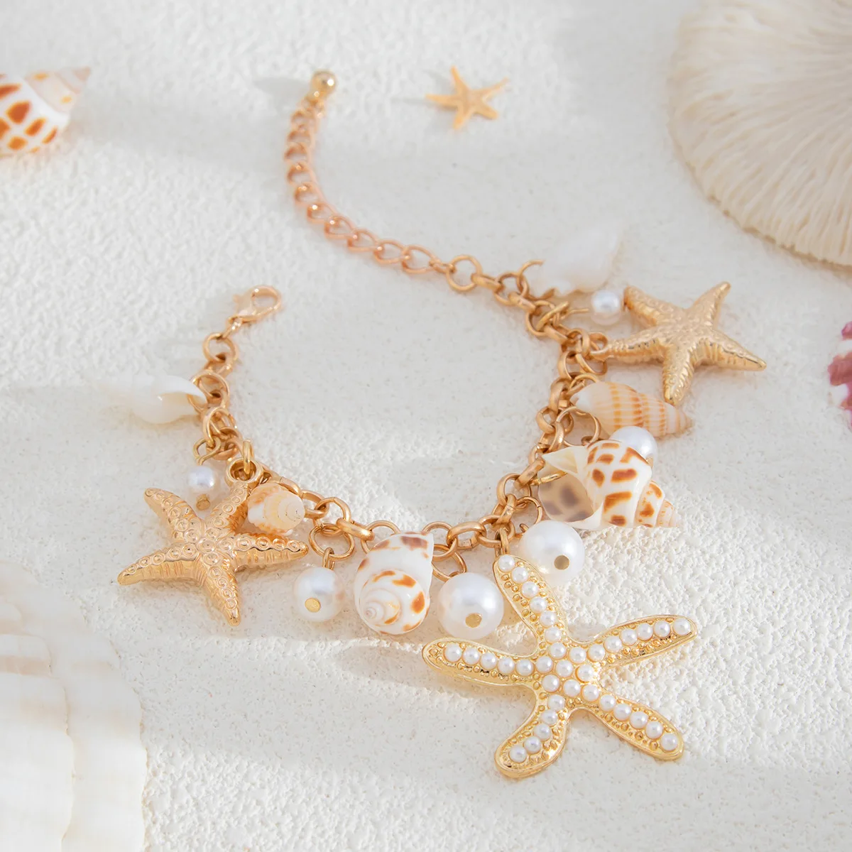 Summer Beach Ocean Starfish Shell Pendant Handmade Metal Chain Bracelet Imitation Pearl Conch Sea Star Bracelets Boho Jewelry