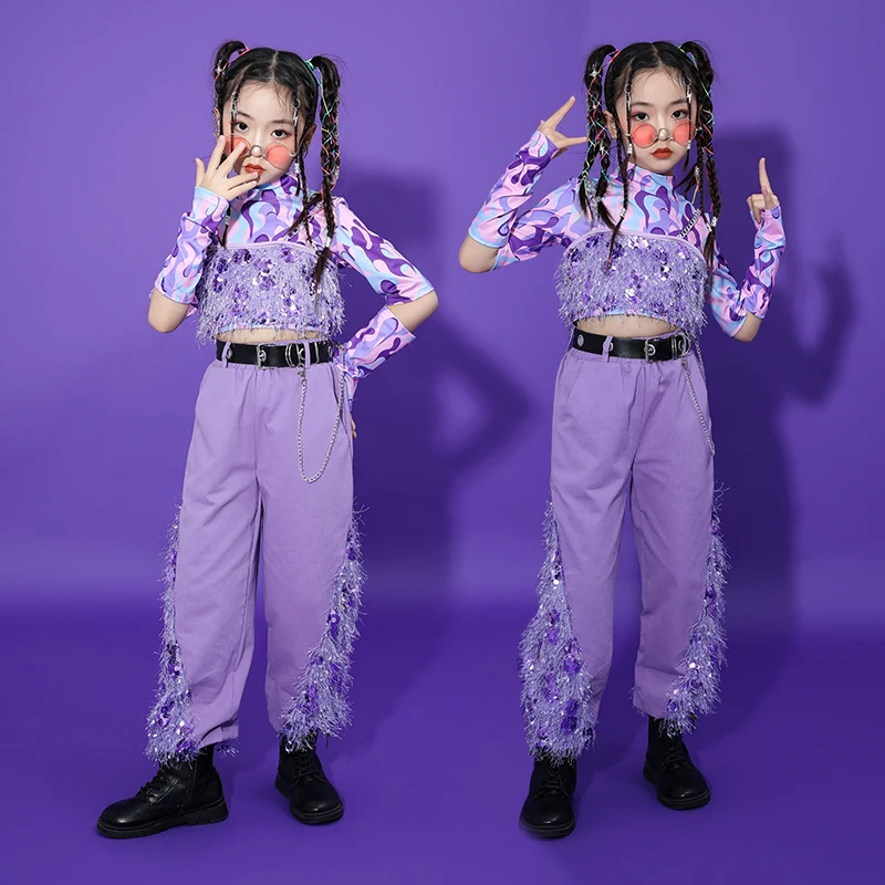 

Teenage Girls Purple Showing Kpop Outfits Hip Hop Clothing Crop Tank Tops Pants For Kids Jazz Dance Costume Street Wear Clothes
