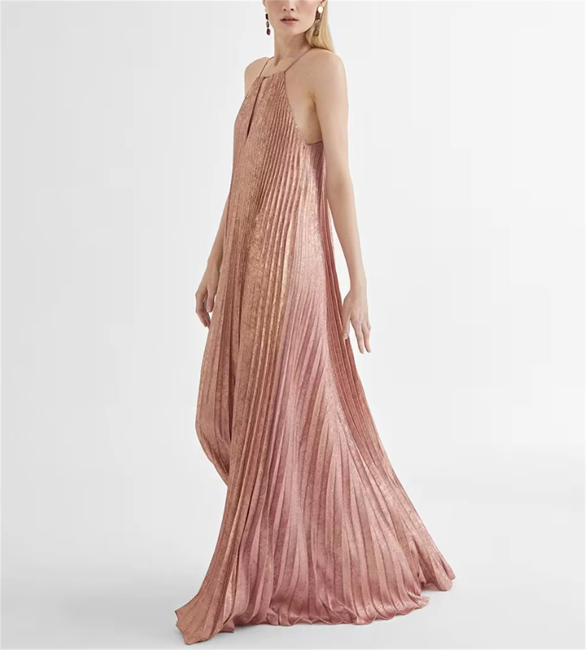 

Fashion Pink Star Evening Dress Womens Sexy Halterneck Backless Sleeveless Chiffon Ball Skirt to Floor Length vestidos de noche