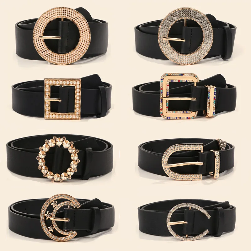 New Fashion Ladies Alloy Buckle Belt Round Buckle Rhinestone Pearl Decorative Strap All-Match Trousers Women Retro Waistband