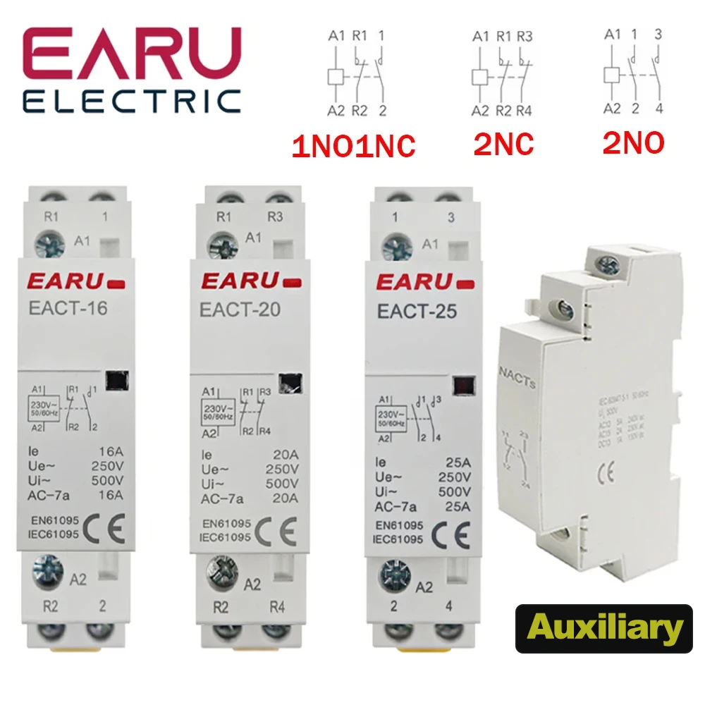 Earu EACT-2P-25A Modular AC Contactor for Earu Home Rail Mounted DIN DC 12 V, 24 V, AC 110 V, 220 V, 50/60 Hz, 2 Poles, 16 A, 20 A, 25 A, 2 NO, 2 NC , 1 NO, 1 NC, for smart home