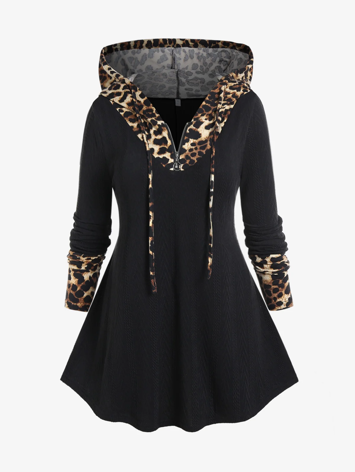 

ROSEGA Plus Size Leopard Zipper Hooded Tees Fashion Long Sleeves Colorblock Top Women Streetwear Costume T-shirt Blouses 4XL