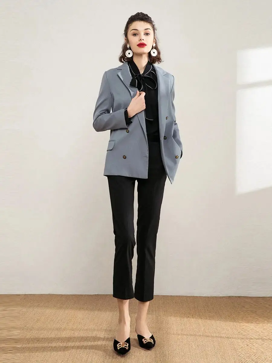 LOUIS YAO Women Vintage Double-Breasted Suit 2023 Autumn Commuter Flip Collar Long-sleeve Elegant Versatile Outerwear